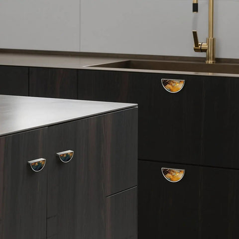 Two Pack Gold And Teal Fluid Art Cabinet Pulls With 3-Inch Hole Center Brushed Nickel Semicircle Drawer Handles on dark kitchen cabinets