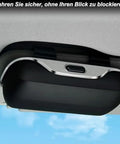 Premium Abs Sunglasses Holder For Tesla Cybertruck Sun Visor installed on visor, showcasing chrome finish and black padding.