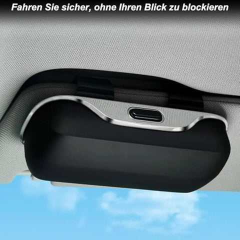Premium Abs Sunglasses Holder For Tesla Cybertruck Sun Visor installed on visor, showcasing chrome finish and black padding.