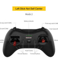 Diagram of T8S 8 Channel 2.4G RC Pocket Transmitter controls, showing buttons and switches for quadcopters and robots, left stick note