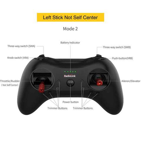Diagram of T8S 8 Channel 2.4G RC Pocket Transmitter controls, showing buttons and switches for quadcopters and robots, left stick note