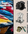 Image of a personal watercraft and jet skis with pump assemblies, steering nozzle, and engine mount fasteners displayed.