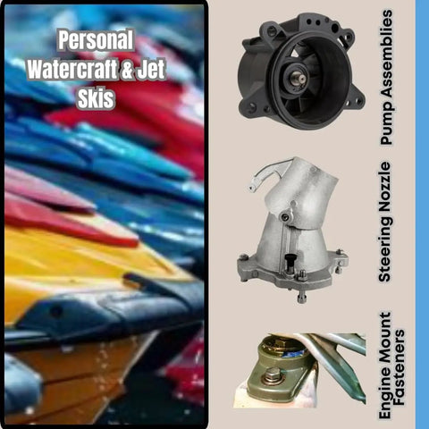 Assorted personal watercraft and jet ski parts including pump assemblies, steering nozzles, and engine mount fasteners displayed.