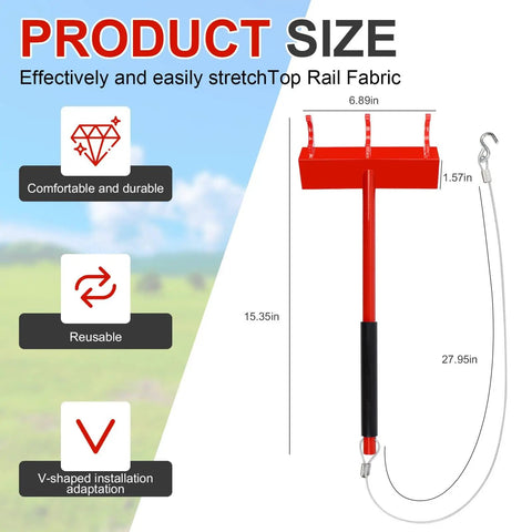 Diagram of One Man Chain Link Fence Top Rail Fabric Hanging Tool with measurements and steel cable hook description.