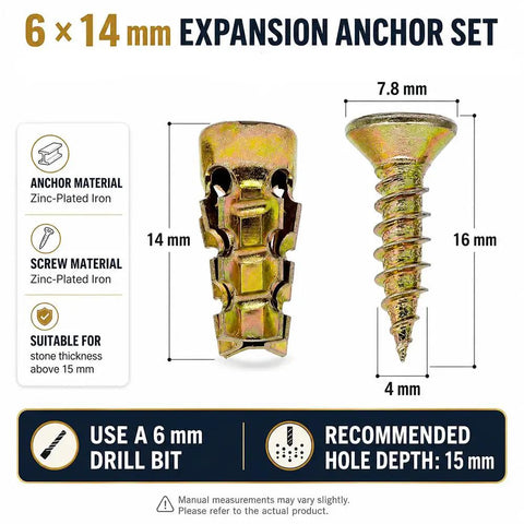 6x14mm Expansion Anchors For Wood And Cabinet Hinge Screws For Stripped Screw Hole Repair No Drill Needed shown with measurements