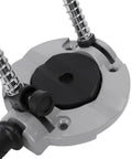 Close-up of Portable Drill Guide With 90 Adjustable Drill Press Attachment, showing aluminum and cast iron base components.