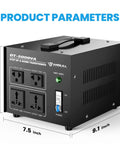 Beast 5000 Watt Voltage Converter Transformer For Home And Travel, black box showing power outlets, dimensions, on/off switch