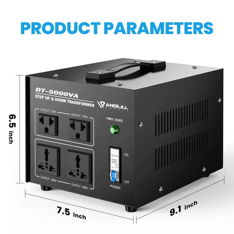 Beast 5000 Watt Voltage Converter Transformer For Home And Travel, black box showing power outlets, dimensions, on/off switch