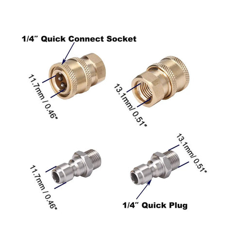 4 Pack Quarter Inch Quick Connect Pressure Washer Adapter Set with Quick Release Couplers, brass and stainless steel components
