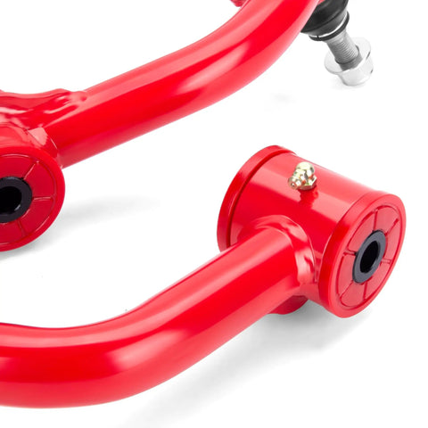 Ford F-150 2004-2020 Front Lift 2-4 Inch Control Arm Replacement Heavy Duty Iron Steel Swing Arm With Adjustable Ball Joint For 2-4 Inch Lift Kits Aftermarket Upper Arm Red, red steel upper control arm close-up