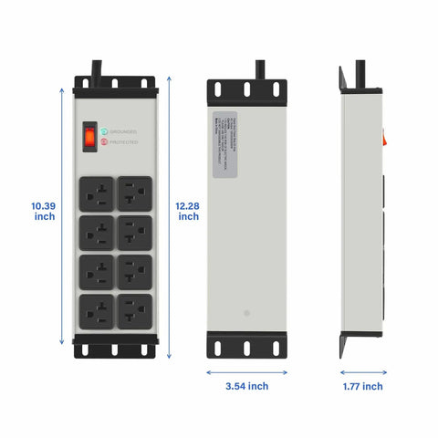 Front and side view of Two Pack Heavy Duty Power Strip With Eight Outlets And 20 Amp Surge Protection, Industrial Cord