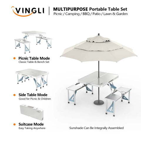 4 Ft Folding Camping Picnic Table Set With Seats And Umbrella Hole, Grab-And-Go Suitcase-Style Lightweight Aluminum Alloy Frame Table For RVs
