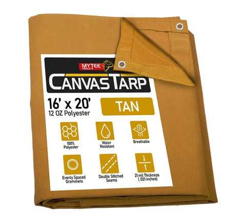 Tan 16 Foot By 20 Foot Heavy Duty Tarp 12 Oz Polyester Water Resistant And Breathable With Double Stitched Seams folded with label