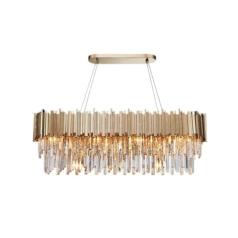 Straight Up Sleek K9 Crystal LED Pendant Light With Brushed Gold Metal Frame And Eight Warm E14 Bulb Slots over a dining table.