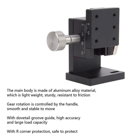 Close-up of Beefy Manual Lifting Stage With Z Linear Slide Table, 40x40mm aluminum alloy platform, featuring gear rotation handle.