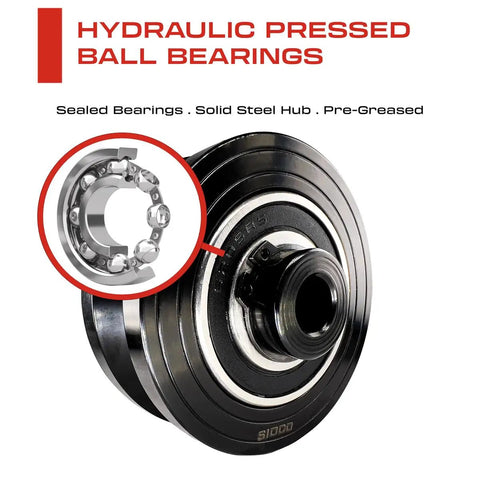 Hydraulic pressed ball bearings with solid steel hub for Rock Solid 3 Inch V Groove Sliding Gate Wheel Built Tough With Solid Steel Construction And Sealed Ball Bearings For 1000 Lb Loads Hassle Free Zinc Plated Black Smooth Rolling Track Hardware.