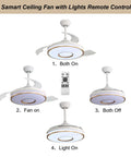 42 Inch Smart Ceiling Fan With Remote And Lights, Modern Chandelier Style, DC Motor, 3 Blades, 36W Dimmable Integrated LED, Bladeless Retractable Design, White Brass Finish, fan and light modes displayed with remote control.