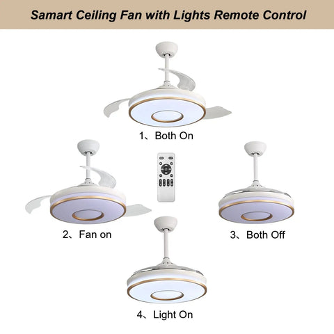42 Inch Smart Ceiling Fan With Remote And Lights, Modern Chandelier Style, DC Motor, 3 Blades, 36W Dimmable Integrated LED, Bladeless Retractable Design, White Brass Finish, fan and light modes displayed with remote control.