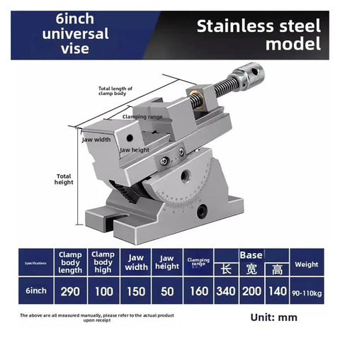 Stainless Steel Angle Vise With Tool Steel Construction, 6 Inch Clamp For Precision Work diagram with dimensions