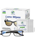 Front view of VisClear Lens Wipes box, 100-count, with individually wrapped wipes and eyeglasses in foreground.