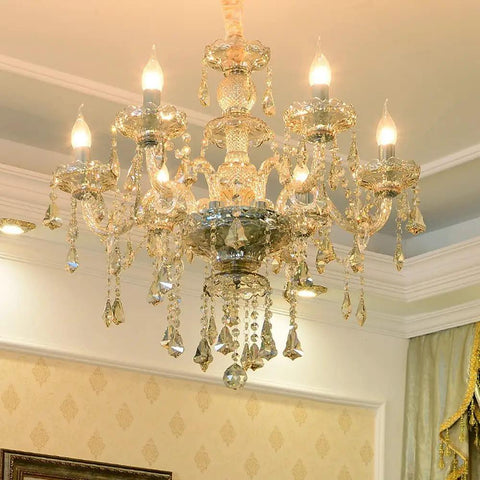 Modern K9 Crystal Chandelier In Cognac Finish, Six Lights, E12 Base Candle Crystal Pendant Lighting Fixture in room view