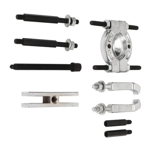 Thinking Process: 9-piece steel bearing splitter puller kit with bolts and pullers for wheel hubs and gears