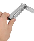 Kickass Replaceable Stainless Steel Freezer Door Hinge Anti-Rust Replacement For Small Refrigerator Model HW-02 held in hand.
