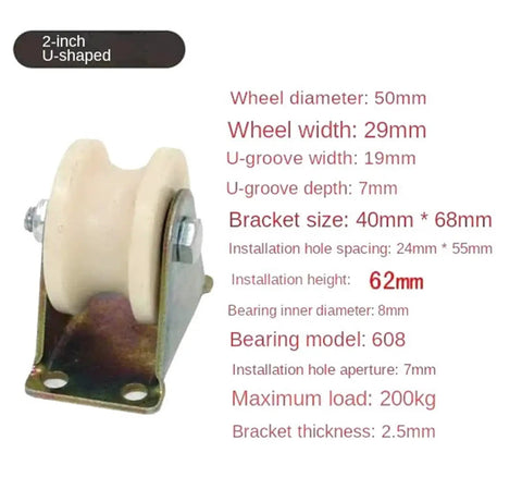 Heavy Duty V Groove Wheel Sliding Gate Casters Built Tough For A Smooth Roll On Any Track featuring 2-inch U-shaped wheel and steel bracket.