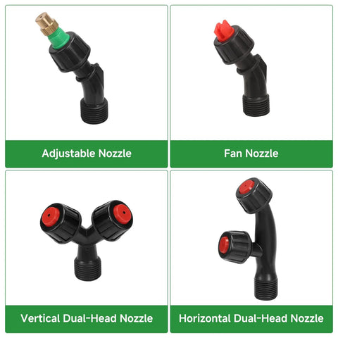 Four nozzle types for Beefy Acid Resistant Sprayer Wand Kit: adjustable, fan, vertical, and horizontal dual-head nozzles.