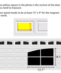Diagram of garage door with yellow measurement guide for Magnetic Faux Arched Window Panes For Steel Garage Doors kit sizing.