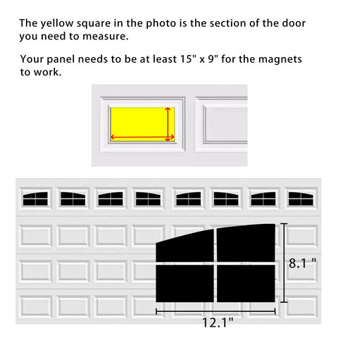 Diagram of garage door with yellow measurement guide for Magnetic Faux Arched Window Panes For Steel Garage Doors kit sizing.