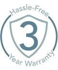 Hassle-Free 3 Year Warranty logo on a shield, highlighting product assurance for No Sweat Commercial Grade Five Point Automatic Money Bill Detector.