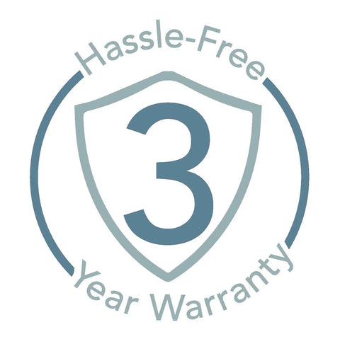 Hassle-Free 3 Year Warranty logo on a shield, highlighting product assurance for No Sweat Commercial Grade Five Point Automatic Money Bill Detector.