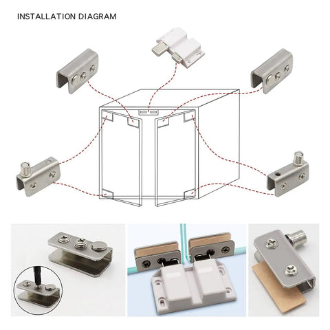Stainless Steel Glass Door Pivot Hinges And Clamp Set For Free Swinging 5-8mm Glass Doors, Includes Double Magnetic Catch Latches And Glass Clamps, Easy Install No Drilling, Rust Resistant Black Finish, installation diagram