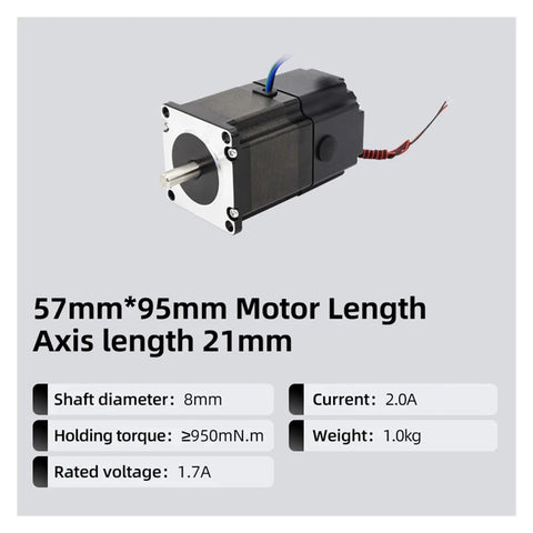 NEMA23 stepper motor with 57x95mm body, 8mm shaft and 21mm axis length; black housing with silver front plate