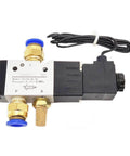 12 Volt One Eighth Inch Solenoid Valve, 3 Way Pneumatic Air Control Valve for Electric Gas Systems, with wire lead and fittings visible.