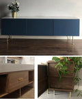 Modern Brass Furniture Legs With Brushed Copper Finish 120mm for cabinets and tables shown in a living room setting