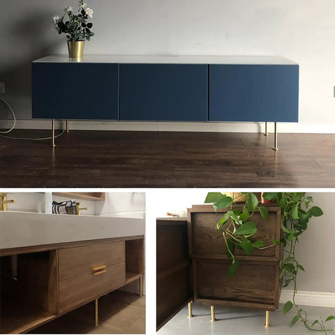 Modern Brass Furniture Legs With Brushed Copper Finish 120mm for cabinets and tables shown in a living room setting