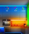 Modern kitchen with RGB LED lights installed, showing color options, 16.4ft length, and cuttable feature on walls and counter edges