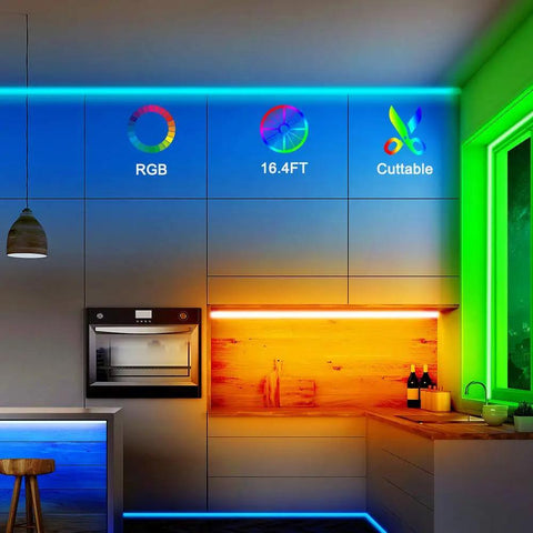 Modern kitchen with RGB LED lights installed, showing color options, 16.4ft length, and cuttable feature on walls and counter edges