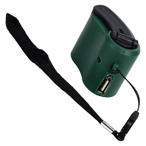 Side view of USB Hand Crank Charger Dynamo Power Bank For Outdoor Adventures, green, with black strap and USB port visible.