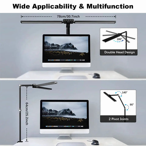 Lit Double Head LED Desk Lamp Clip On For Home Office With Light Sensor 24W Ultra Bright Bar 5 Color Modes And 5 Dimmable Levels
