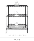 Heavy Duty 3 Tier Wire Shelving Rack showing adjustable shelves holding 250 lbs each, sturdy steel construction for garage use.