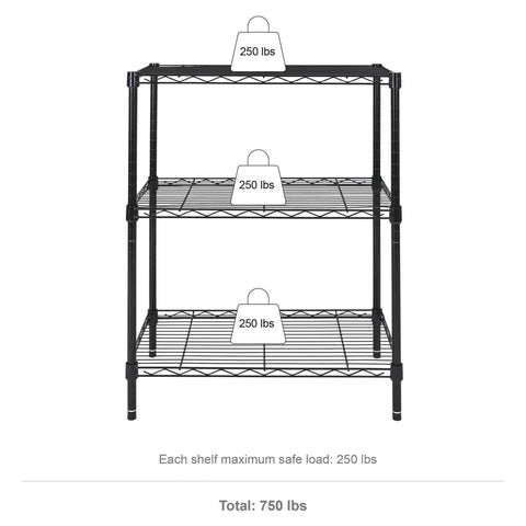 Heavy Duty 3 Tier Wire Shelving Rack showing adjustable shelves holding 250 lbs each, sturdy steel construction for garage use.