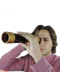 Black And Gold Collapsible Telescope Costume Prop For Theater And Cosplay, Extends From 7 Inch Closed To 12.5 Inch Open, Plastic Build With Realistic Pirate Style Look For Dress Up, Stage Performances, And Costumes For Teens 14 And Up, used by a person