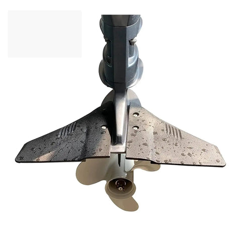 Dual Outboard Dorsal Fin Wing Stingray Hydrofoil Stabilizer attached to boat motor, viewed from above, showing propeller and stabilizer detail