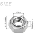 Built Legit 20 Pack Hex Weld Nuts 5/16-18 Thread High Strength Carbon Steel Fasteners showing size dimensions and details.