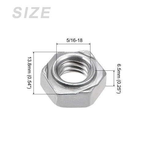 Built Legit 20 Pack Hex Weld Nuts 5/16-18 Thread High Strength Carbon Steel Fasteners showing size dimensions and details.