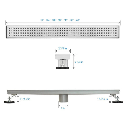 36 Inch Linear Shower Drain With Removable Square Panel Brushed 304 Stainless Steel, Adjustable Feet, Hair Strainer, X Groove Design, 2 Inch Outlet, No Fuss Easy Clean Grate System For Bathrooms And Kitchens