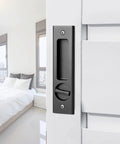 6.3 Inch Privacy Pocket Door Lock Hardware For Double Barn Doors Keyless Mortise Lock Sliding Door System In Black Durable Zinc Alloy Handle Brass Cylinder Silent Operation Anti Rust Finish.